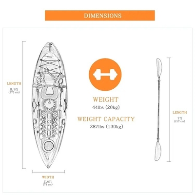 270*78*40cm HDPE Canoa/Kayak transparente de plástico para deportes acuáticos y pesca en el mar